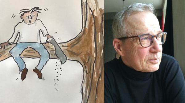 Teckning av en person som sågar av grenen han sitter på samt närbild på person som tittar bort